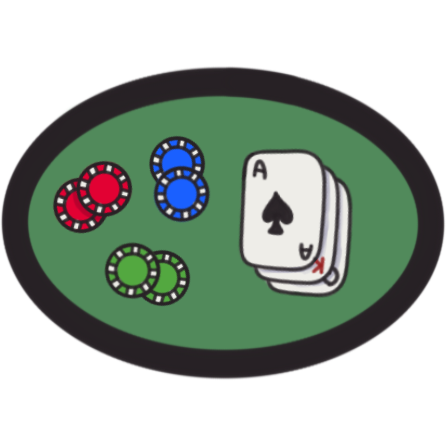 a short oval-shaped green table top with a thick black border. on the table are six poker chips: two red, two blue, and two green. beside them are three playing cards stacked on top of each other: an ace, then a king, then a queen